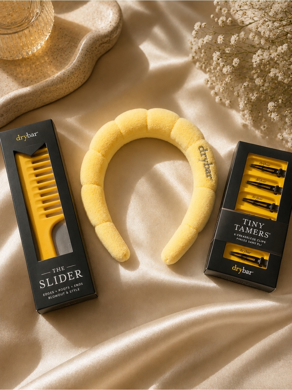 Drybar Yellow Padded Kids Headband with Styling Clips & Comb Set